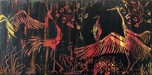 Kraniche mit Kirschblüten by Britta Steding, 油畫 for Sale on Singulart