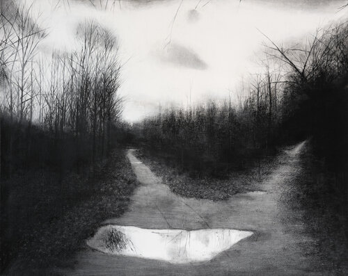 Chemin perdu dans les bois en hivers di arthur cruz, Pittura in vendita su Singulart