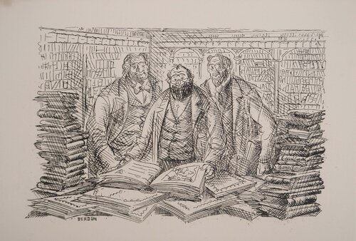 Les archivistes de la Bibliothèque Nationale, Gravure originale signée de Maurice Berdon, Impresión a la venta en Singulart