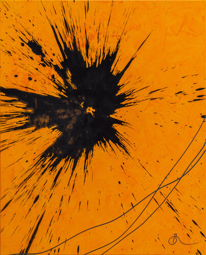 Wurfbild Schwarz auf Goldorange van Rupert Bronner, Schilderij te koop op Singulart