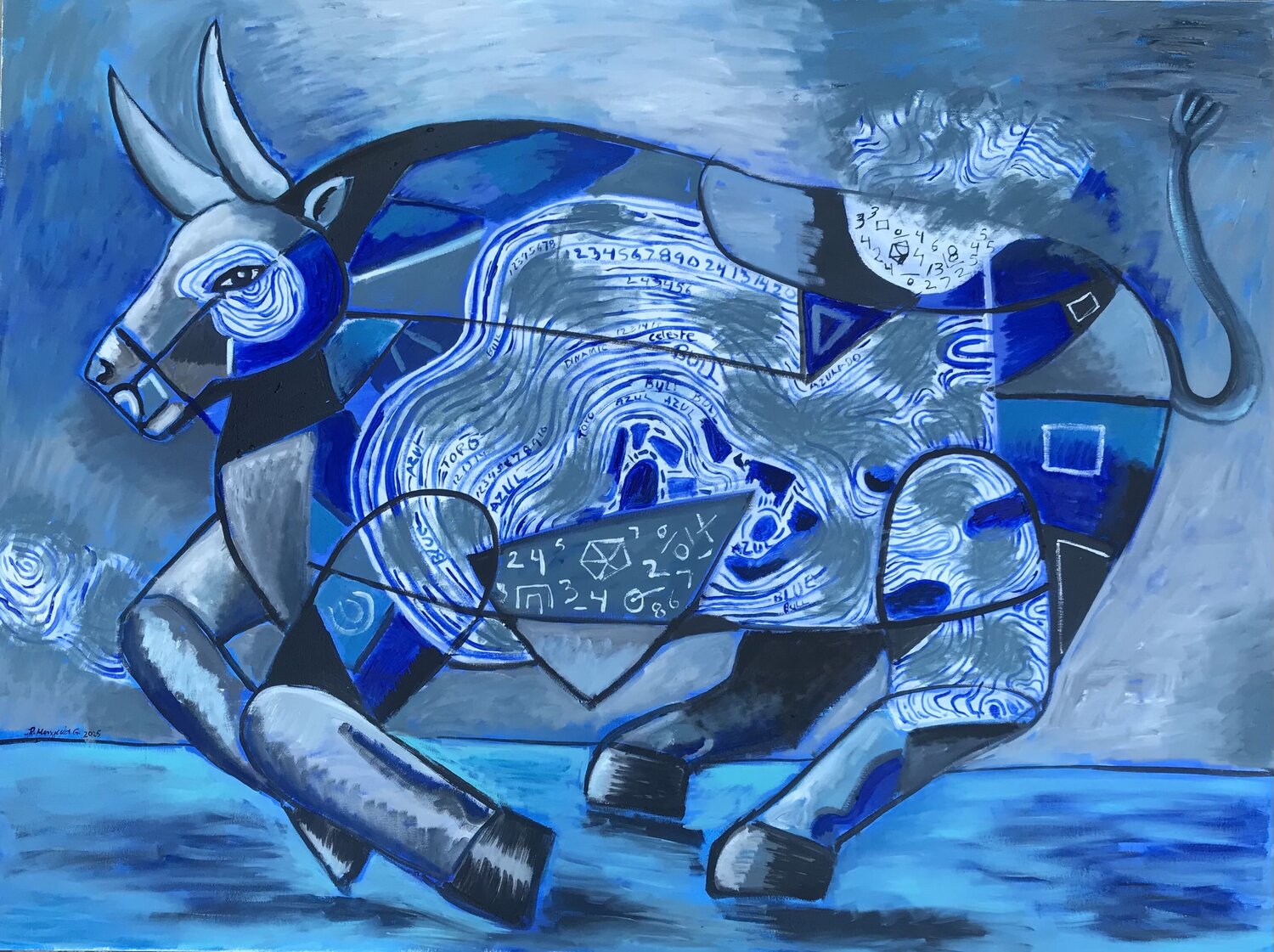 Attack of the blue bull Roberto Munguia Originalgemälde zu verkaufen