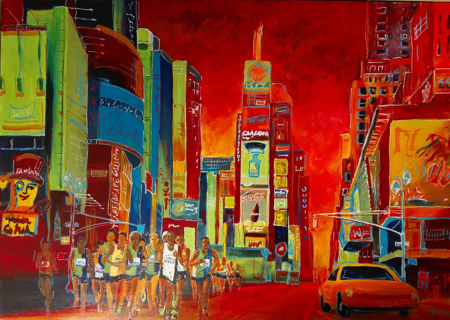 „Feuerlauf durch den Times Square“ NY Marathon Michaela Petra Sturm Originalgemälde zu verkaufen