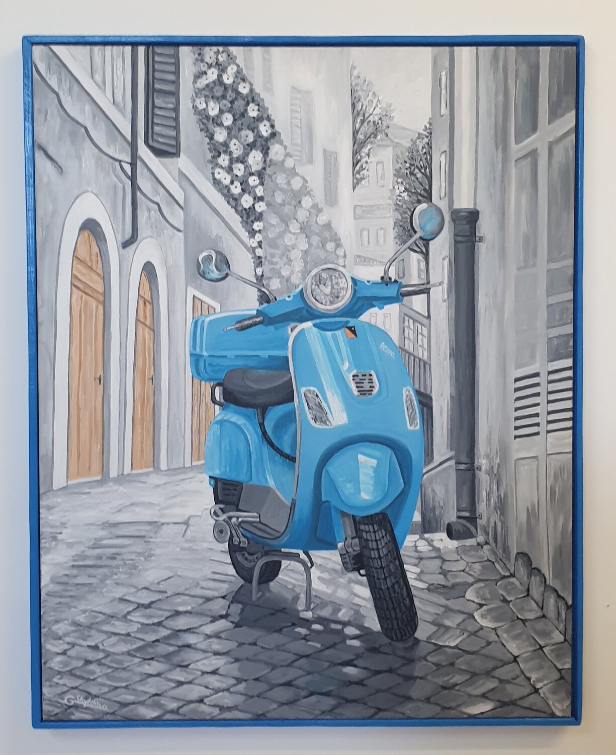 The Blue Vespa in Milano Greta Stoytcheva Originalgemälde zu verkaufen
