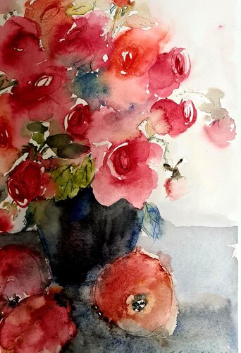 Stillleben Rosen und Äpfel von Jolanda Walther, Malerei kaufen auf Singulart