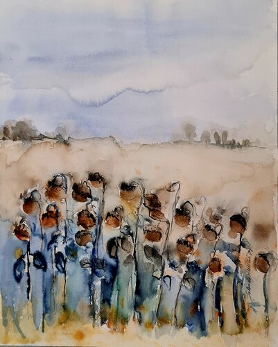 Feld mit verwelkte Sonnenblumen di Jolanda Walther, Pittura in vendita su Singulart