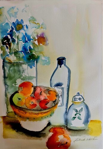 Stillleben Blumen und Äpfel di Jolanda Walther, Pittura in vendita su Singulart