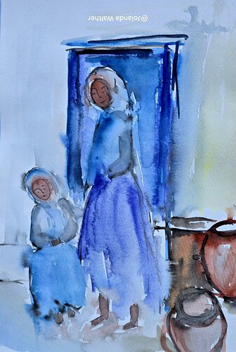 Vor der Blauen Tür de Jolanda Walther, Pintura a la venta en Singulart