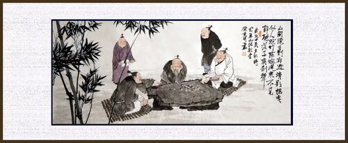 The Quiet Game of Wisdom：Scholars in Tranquil Reflection von Nova Shah, Malerei kaufen auf Singulart