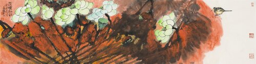 Lotus and Pond in Red Harmony by Nova Shah, Work on Paper for Sale on Singulart