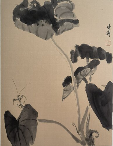 Mantis & Lotus Leaves, On Silk von Nova Shah, Malerei kaufen auf Singulart