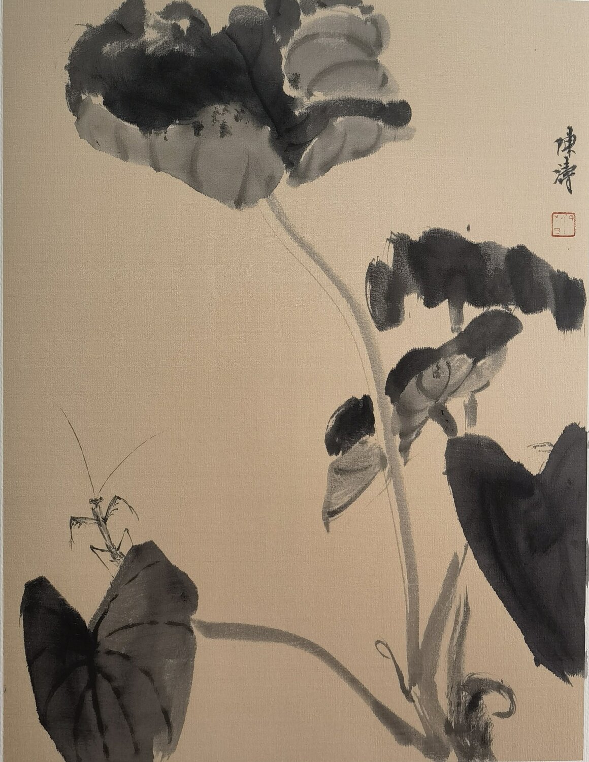 Mantis & Lotus Leaves, On Silk Nova Shah