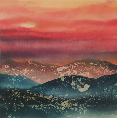 Soleil couchant sur les premières neiges di Magalie Ors, Pittura in vendita su Singulart