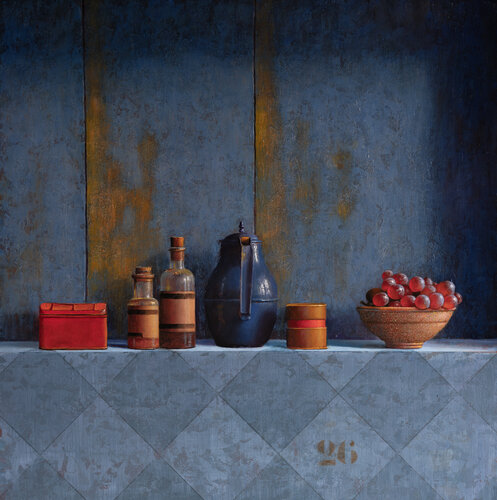 Composition in blue with grapes di Julien Landa, Pittura in vendita su Singulart