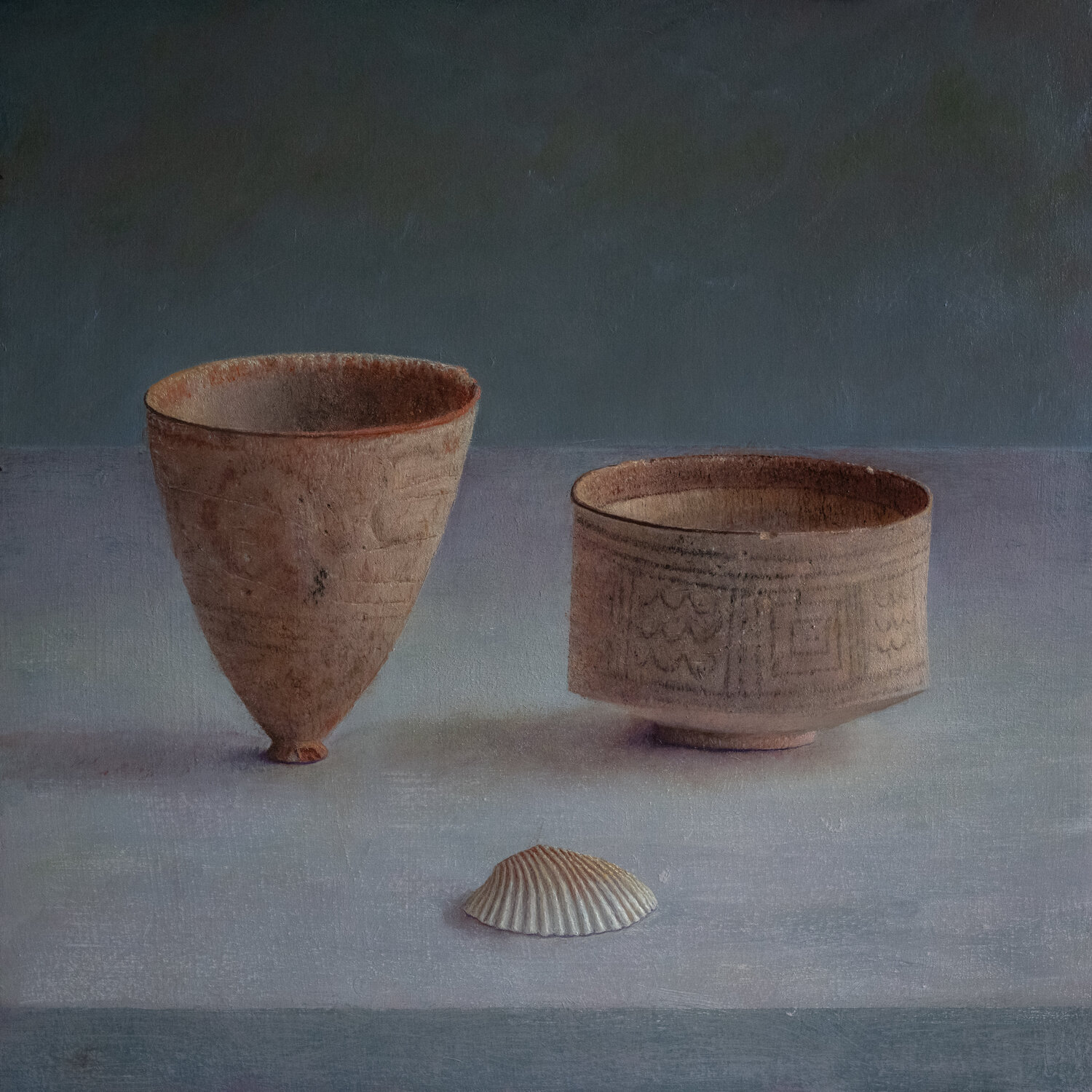 4 centuries-old earthenware and a shell Julien Landa Pintura original en venta
