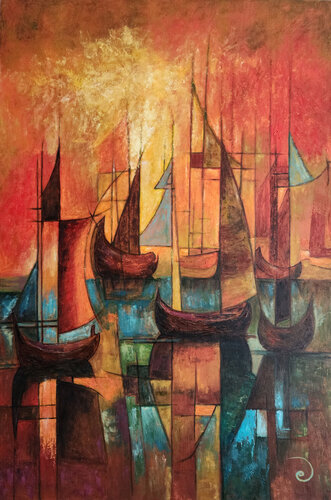 Lagoon Sunset van Manu Fine Art, Schilderij te koop op Singulart