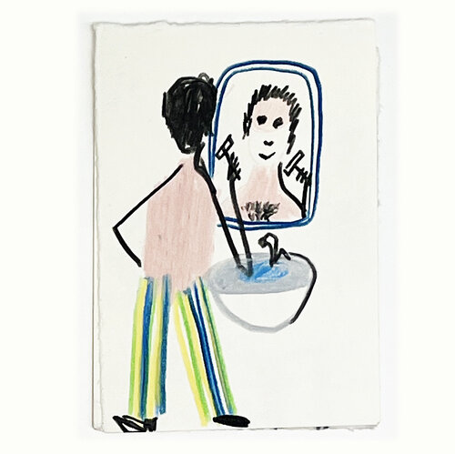 Mann morgens im Bad sich rasierend di Jörg Herz, Disegno in vendita su Singulart