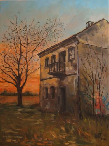 Old House With Setting Sun von Ellen Fasthuber-Huemer, Malerei kaufen auf Singulart
