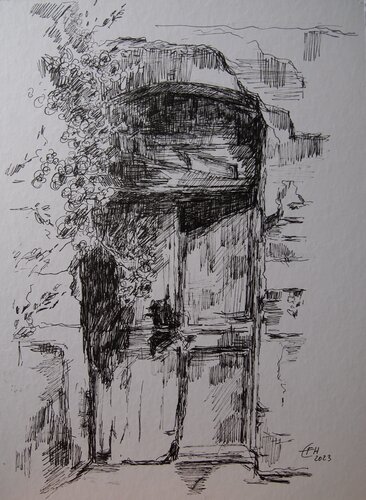 Old Door With Flowers by Ellen Fasthuber-Huemer, 소묘 for Sale on Singulart