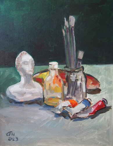 Painter's Still Life de Ellen Fasthuber-Huemer, Pintura a la venta en Singulart