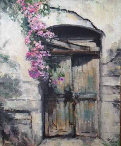 Old Door With Roses van Ellen Fasthuber-Huemer, Schilderij te koop op Singulart