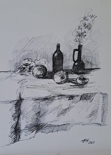 Still Life With A Bottle von Ellen Fasthuber-Huemer, Zeichnungen kaufen auf Singulart