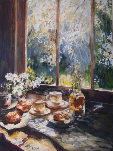 Spring Window, Coffee Time de Ellen Fasthuber-Huemer, Pintura a la venta en Singulart