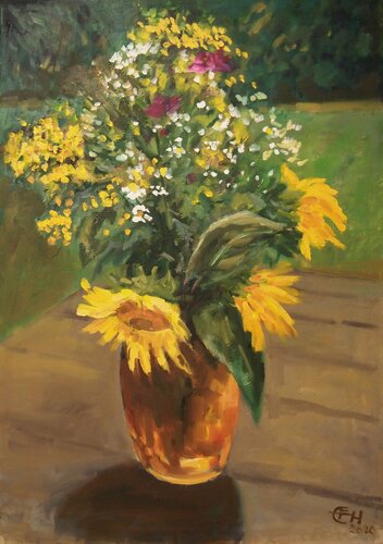 Sunflowers In A Vase van Ellen Fasthuber-Huemer, Schilderij te koop op Singulart
