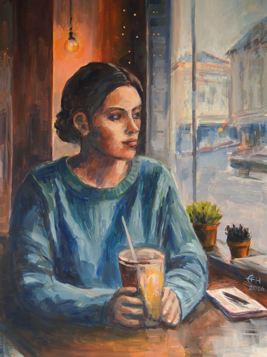 At the Cafe, Autumn Rain Ellen Fasthuber-Huemer Originalgemälde zu verkaufen