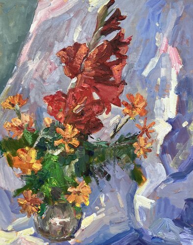 Marigolds and gladioli von Yuliia Klishyna, Malerei kaufen auf Singulart