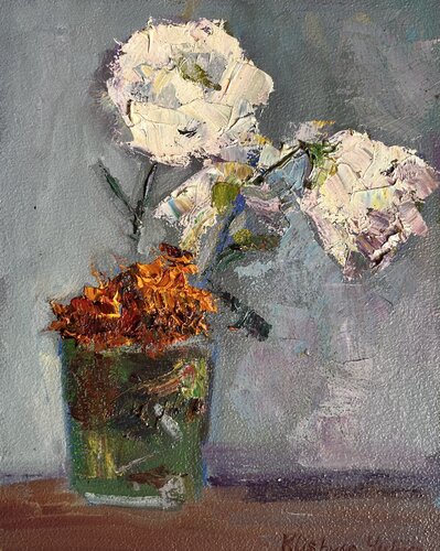 Eustoma and marigolds von Yuliia Klishyna, Malerei kaufen auf Singulart