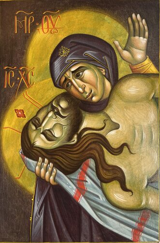 Sorrowful composition of the Virgin Mary with Jesus. de Yuliia Klishyna, Pintura a la venta en Singulart