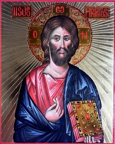 The icon of Jesus Christ, painted with natural pigments on egg yolk, is gilded with gold leaf using a bolus, cold enamel is applied to the gilding; the base of the icon is a linden board with oak veneers, primed with a glue-chalk primer. de Yuliia Klishyna, Pintura a la venta en Singulart