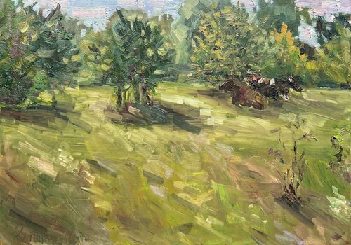 Cows In The Meadow van Yuliia Klishyna, Schilderij te koop op Singulart
