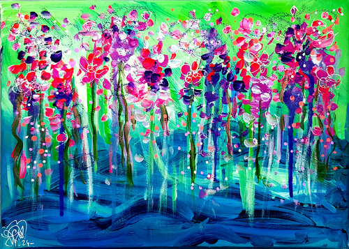 Deep Blue Green Flowers - Peinture Abstraite Florale van Priscilla Vettese, Schilderij te koop op Singulart