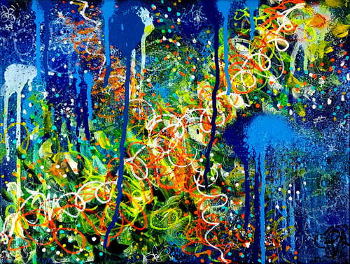Pop Flower Galactic 2 - Tableau Bleu Jaune Abstrait van Priscilla Vettese, Schilderij te koop op Singulart