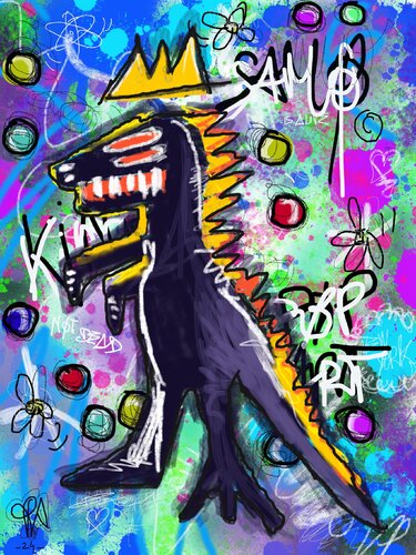 SamoNotDead - Peinture Numérique Pop Art Basquiat Dinosaure von Priscilla Vettese, Digital kaufen auf Singulart