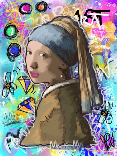 Pop Urban Pearl - Pop Art Peinture Jeune Fille à la Perle von Priscilla Vettese, Digital kaufen auf Singulart