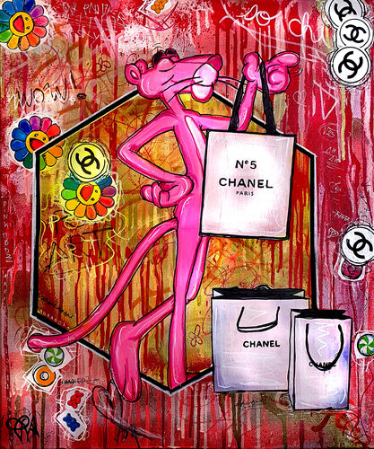 Peinture Pop Art Sur Lin Panthère Rose Chanel Luxe Unique di Priscilla Vettese, Pittura in vendita su Singulart