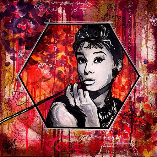 Tableau Audrey Hepburn Fleuri Mauve Rose Street Art Sur Toile by Priscilla Vettese, 회화 for Sale on Singulart