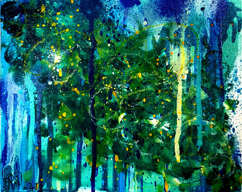 Peinture Abstraite Fleurs Marine Bleue Turquoise Petit Format Unique de Priscilla Vettese, Pintura a la venta en Singulart