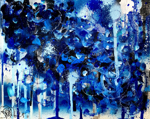 Peinture Abstraite Marine Bleue Floral Pétales Original Sur Carton Entoilé van Priscilla Vettese, Schilderij te koop op Singulart