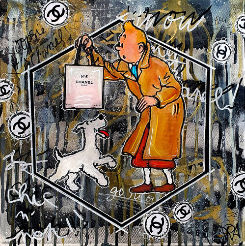 Tableau Pop Art Tintin Milou Chanel Luxe Original Sur Toile van Priscilla Vettese, Schilderij te koop op Singulart