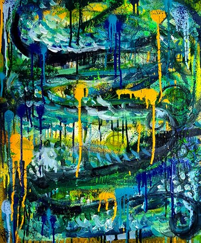Sentier de l'âme - peinture abstraite bleue verte originale sur toile art moderne van Priscilla Vettese, Schilderij te koop op Singulart