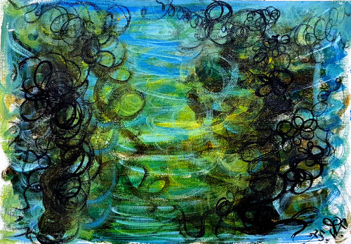 Savage Hearth I – Peinture abstraite expressionniste colorée bleue verte noire encre de chine di Priscilla Vettese, Pittura in vendita su Singulart