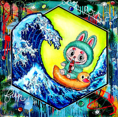 Tableau Pop Art Labubu Kanagawa Coca – Oeuvre Street Art Unique PVettese di Priscilla Vettese, Pittura in vendita su Singulart
