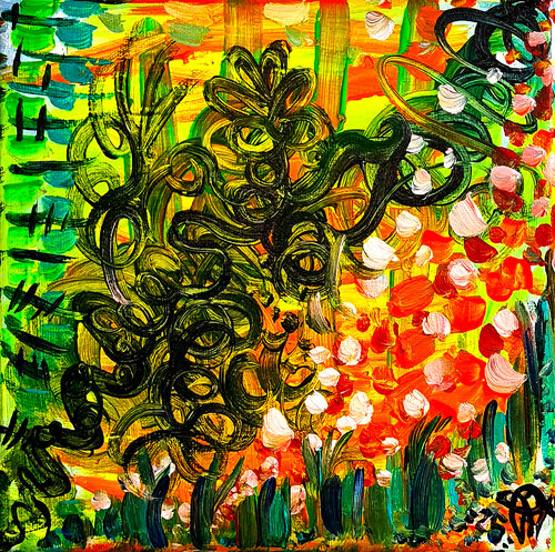 Wild Garden- Tableau Abstrait Vert Orange Original PVettese van Priscilla Vettese, Schilderij te koop op Singulart