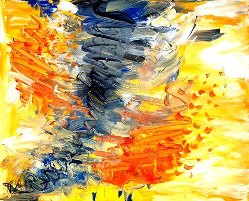 La Flamme Retrouvée - Tableau Abstrait Orange Jaune Gris Priscilla Vettese
