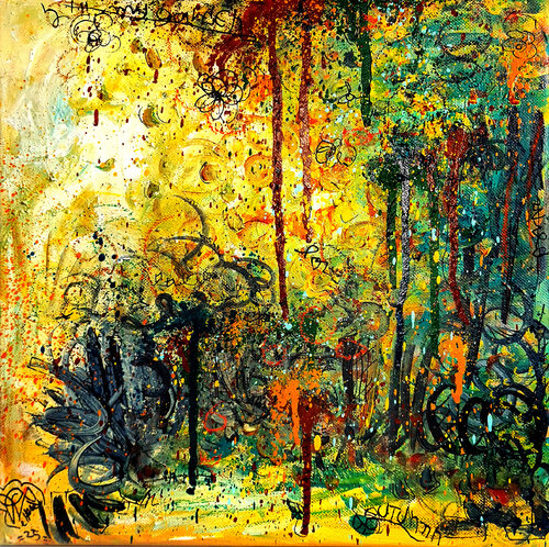 Jardin d'Octobre - Tableau abstrait beigevert jaune originale sur toile by Priscilla Vettese, 油畫 for Sale on Singulart