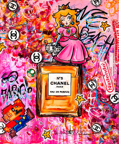 Pop Peach Mario X Chanel Tableau Pop Art Graffiti Lin Rose Unique van Priscilla Vettese, Schilderij te koop op Singulart