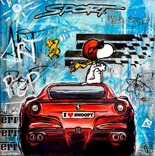 Tableau Snoopy Ferrari Graffiti Pop Art Sur Toile von Priscilla Vettese, Malerei kaufen auf Singulart